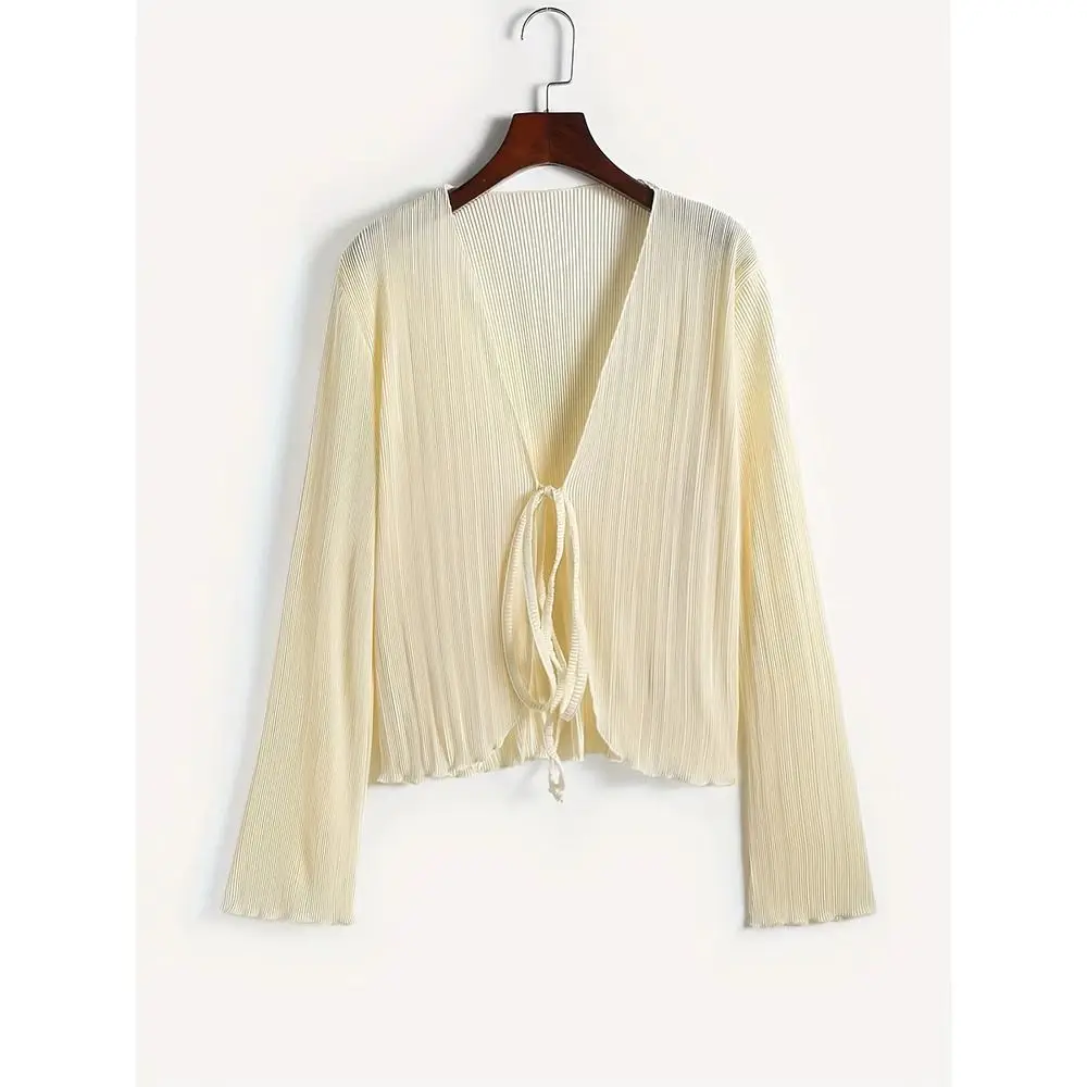 سترة رقيقة واقية من الشمس تصميم كشكش كم طويل المرأة مطوي قمصان عادية الشمس المحمية البوليستر معطف قصير عادية