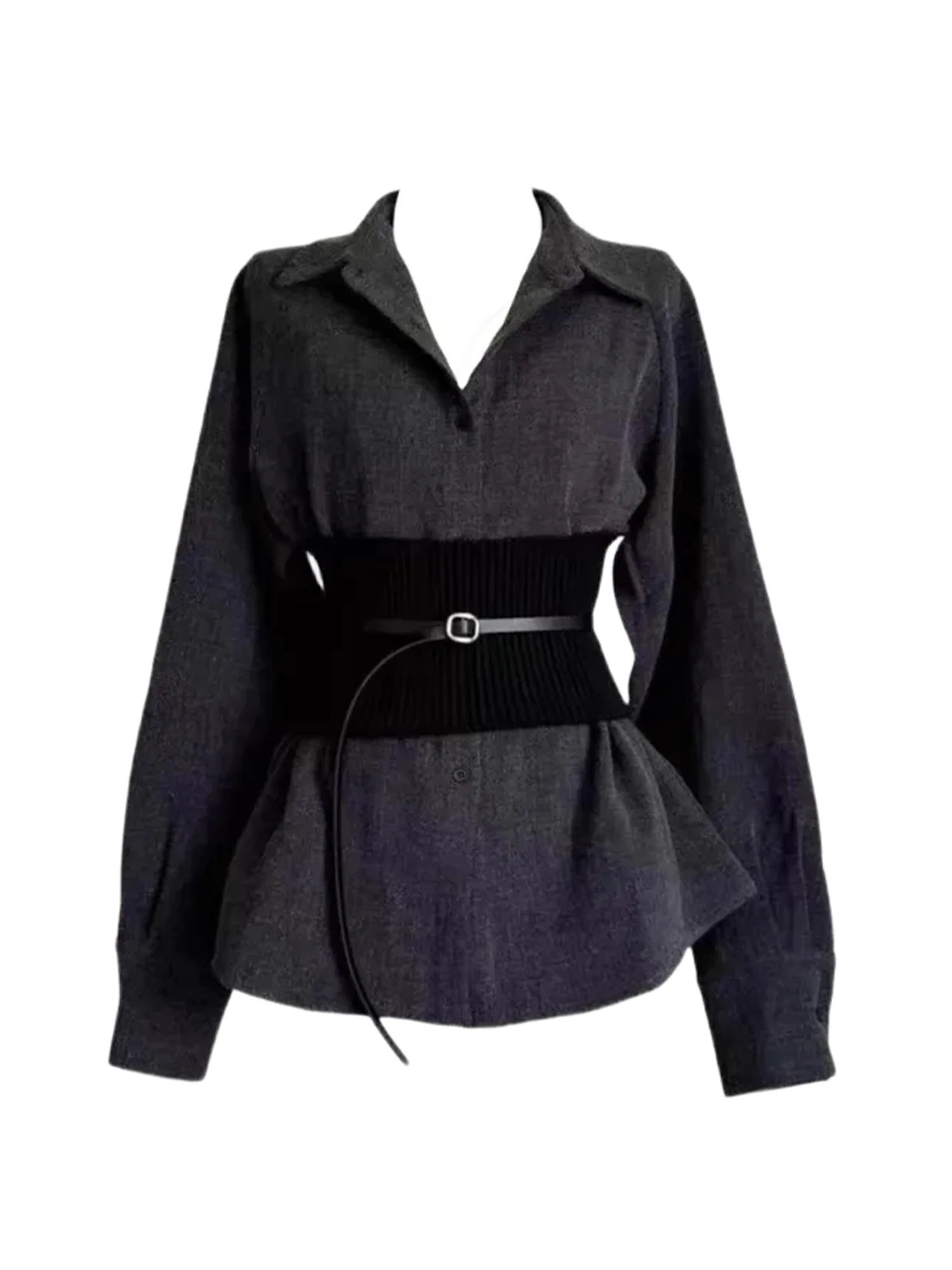 

Женские серые рубашки, блузки, винтажные Y2k 90-х годов, эстетичная элегантная рубашка-поло 2000-х годов с длинным рукавом и поясом, осенняя одежда