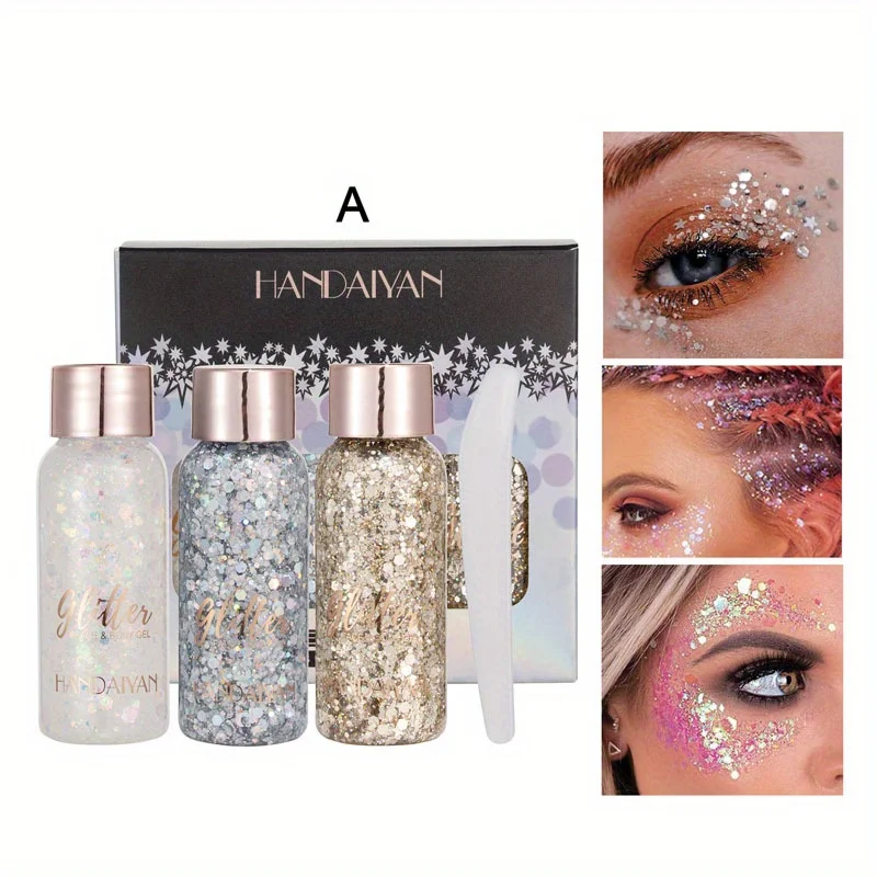 3-kleuren glittergel oogschaduwset voor lippen, ogen, haar, lichaam, gezicht, paars, blauw, groen, goud, perfect voor feestmake-up en decoratie