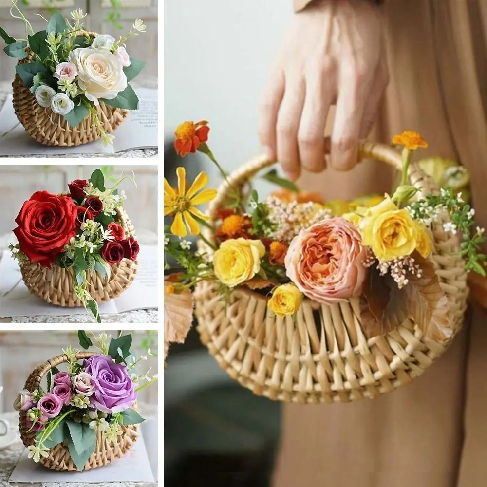 

Корзины для девочек-цветочниц из ивы из ротанга, прочная желтая корзина с цветочной композицией, плетеная корзина ручной работы, плетеные корзины в форме полумесяца, свадебные