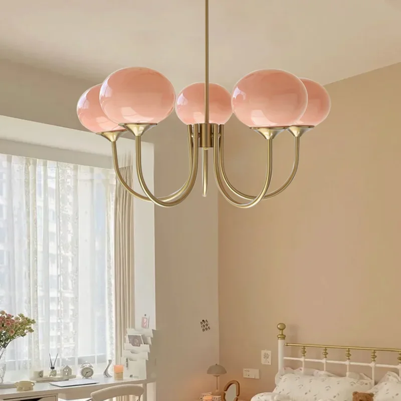 

Artistic pink glass chandelier featuring Bauhaus design for living rooms bedrooms kitchens dining rooms unique decorative lamp