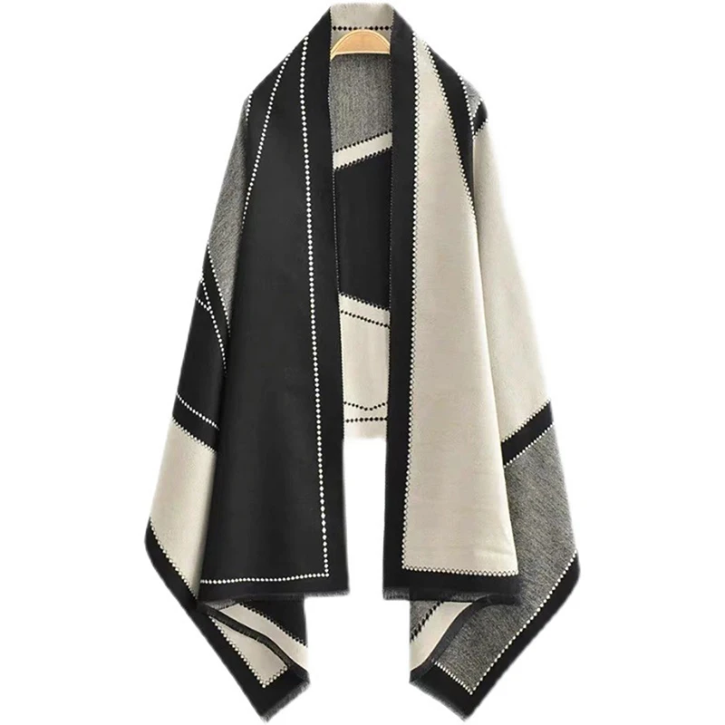 Hot Geometric Stripe Imitation Cashmere Scarf Women Winter Long Simple Cotton Linen Wrap Big Size Outdoor Windproof Cappa