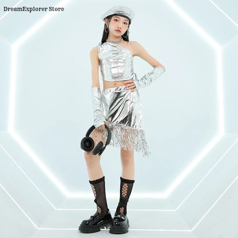 Hip Hop Girls Fashion Silver Crop Top Dance Tassel Skirt Kids K-pop Streetwear Child Jazz Girl Group Costume Hi Tech Clothes Set