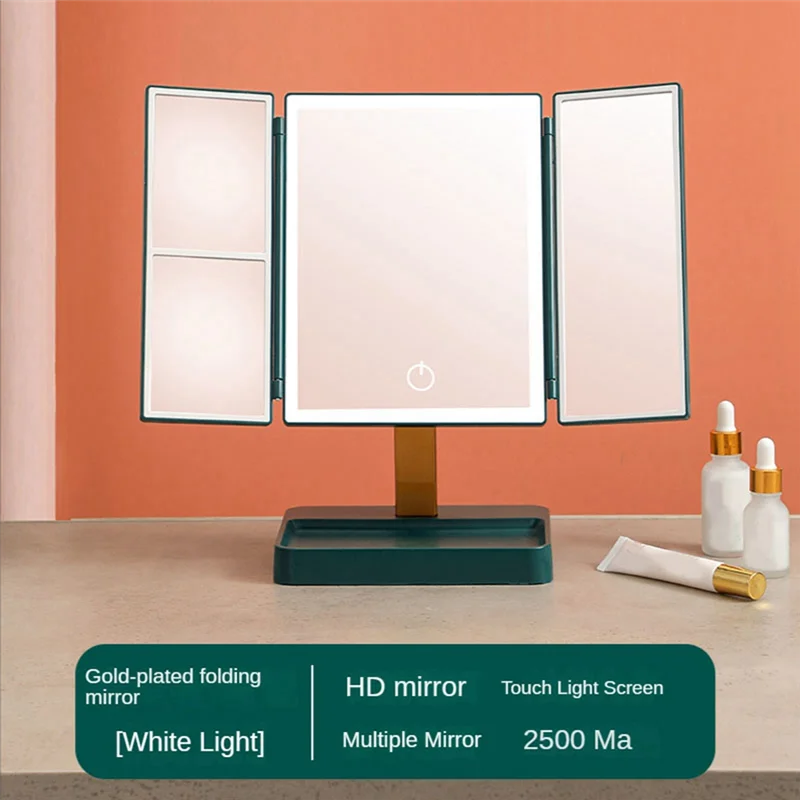 A62K Vanity Mirror 3X Magnifying Cosmetic 3 Folding Makeup Mirrors 270 Rotation Stepless Dimmer Beauty Table Mirrors Green D