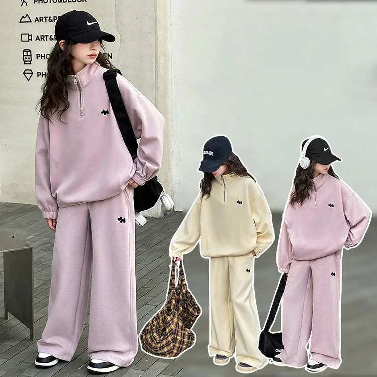 

Children Girls Tracksuit Autumn Cartoon Embroidery Solid School Girls 2pcs Sets Half Zipper Long Sleeves Sweatshirt+Sport Pant