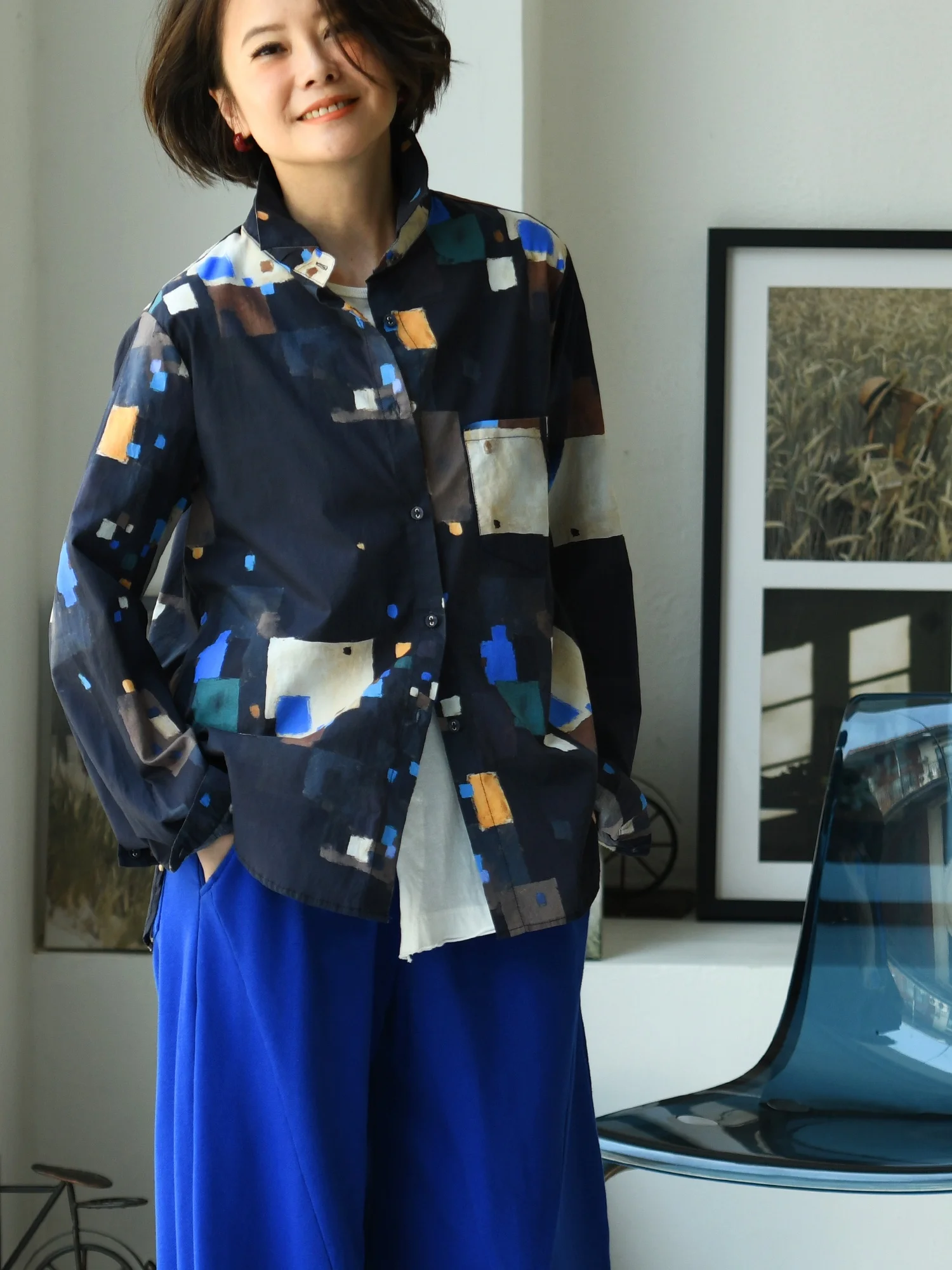 

Повседневная хлопковая рубашка в клетку для женщин, прямого кроя, с длинными рукавами, в художественном стиле, весенняя, с абстрактным цветовым блоком