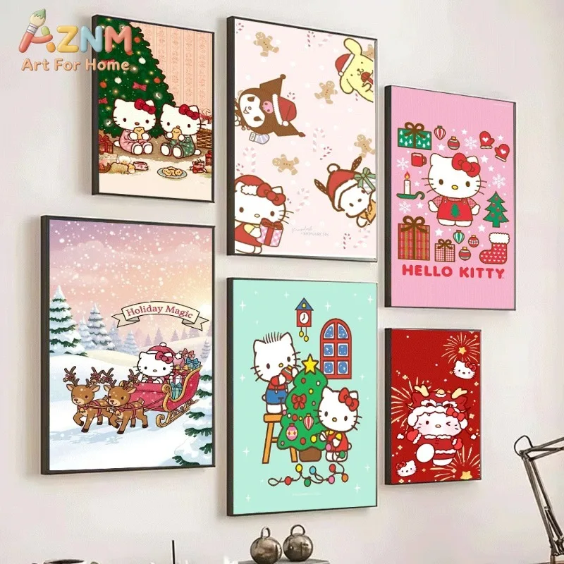 anrio Hello Kitty Christmas Pajama Canvas Wall Art Unframed Canvas Poster Kawaii Xmas Print Kids Room Wall Decor Gift