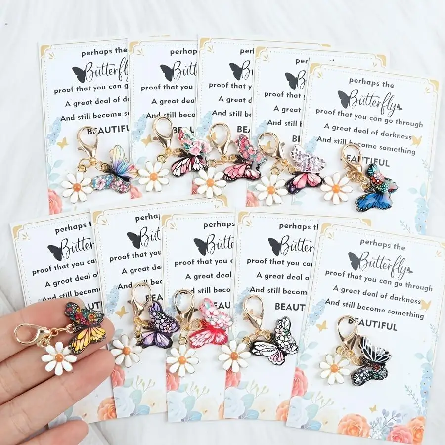 1/5/10/20/50/100pcs Gift for Her/Him 10 Charming Butterfly and Flower Keychains, Accompanied by Encouraging Greeting Cards, Are