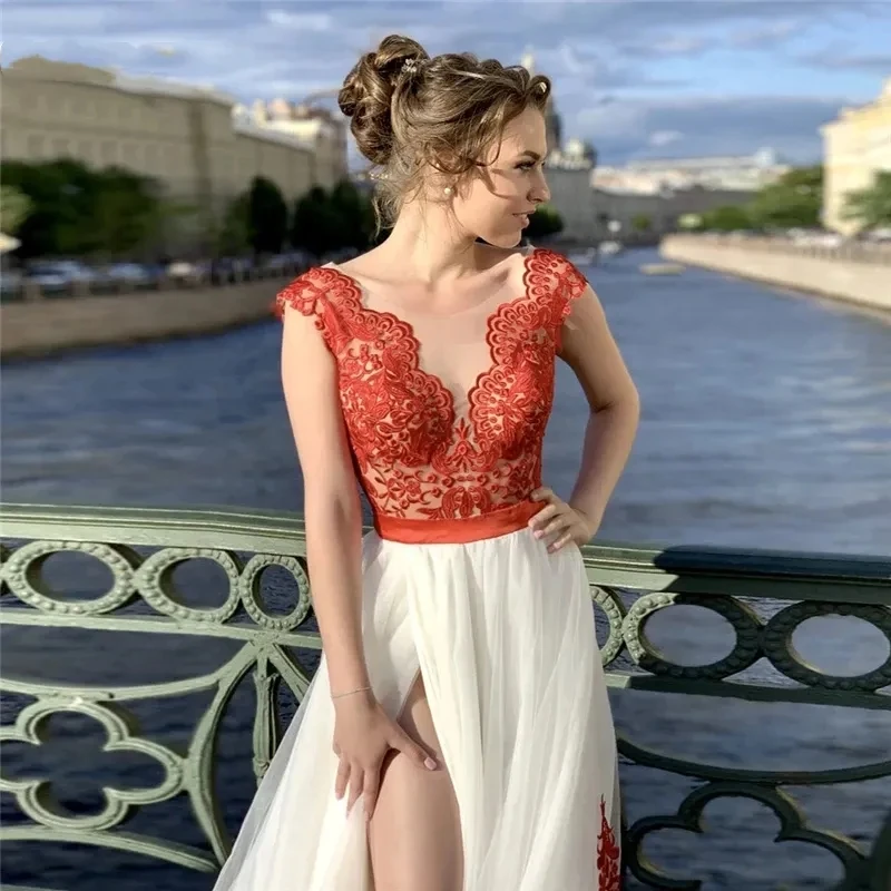 Boho Style Fantasy Bridal Gown Beach White Red Tulle A Line Wedding Dresses Long Applique V-Neck Bridal Dress