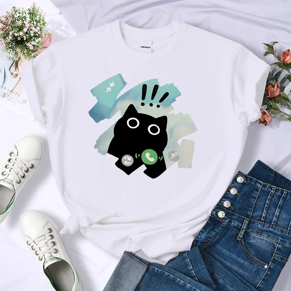 New Breathable Clothes Cool Oversize Short Sleeve Scared Meow Cat Jumps Summer Graffiti Womens Tee Shirt Soft Street T-Shirts