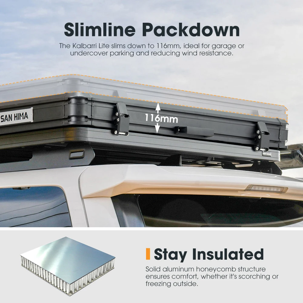 

SAN HIMA Quick Setup Slimline Car Hardshell Rooftop Tent Lightweight Aluminum Hard Shell with Roof Rack for 4x4 Offroad Camping