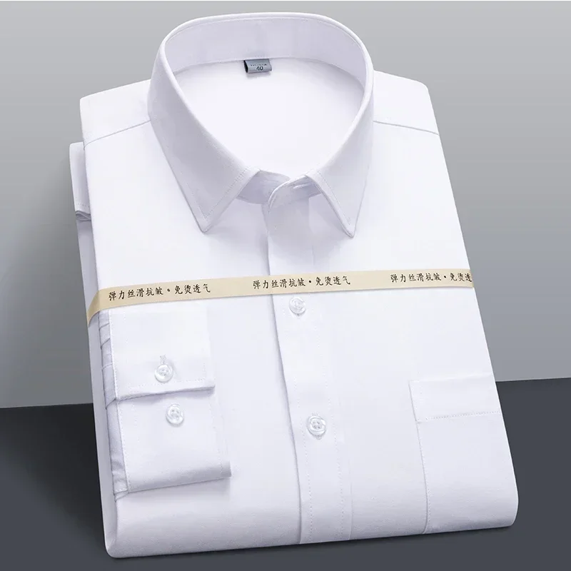 Mens Classic Elegant Business Long Sleeve Shirts Easy Care Stretch Plain Formal Dress Shirt Casual Standard Male Workwear Shirts