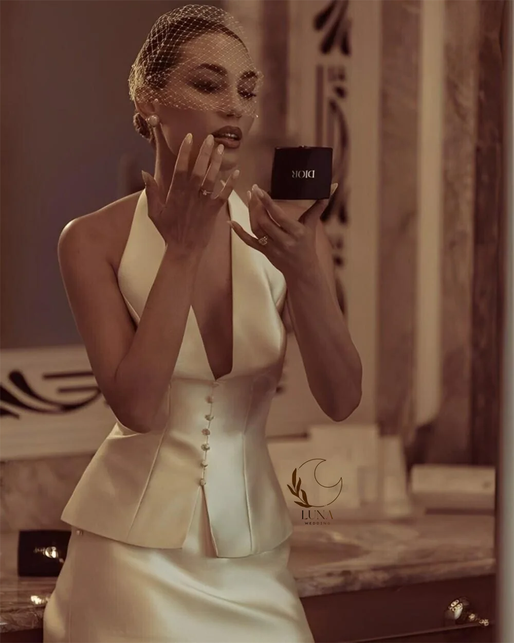Luna Customized Beige V-Neck Halter Neck Wedding Dress Single Breasted Two-Piece Set Vestidos De Novia Short Evening Dresses image 4