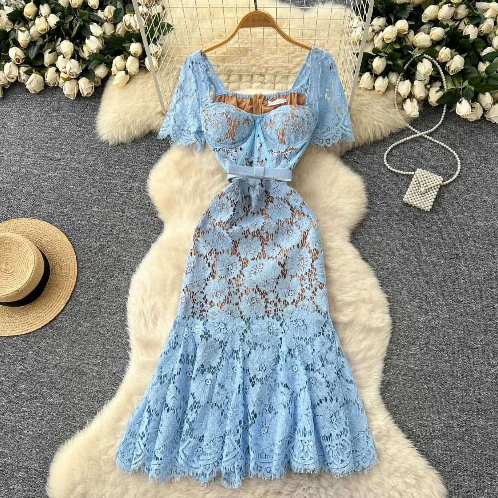 فستان أنيق مثير على شكل فراشة برقبة مربعة على شكل حرف a عالي الخصر للعطلات ملابس نسائية ضيقة للحفلات #1