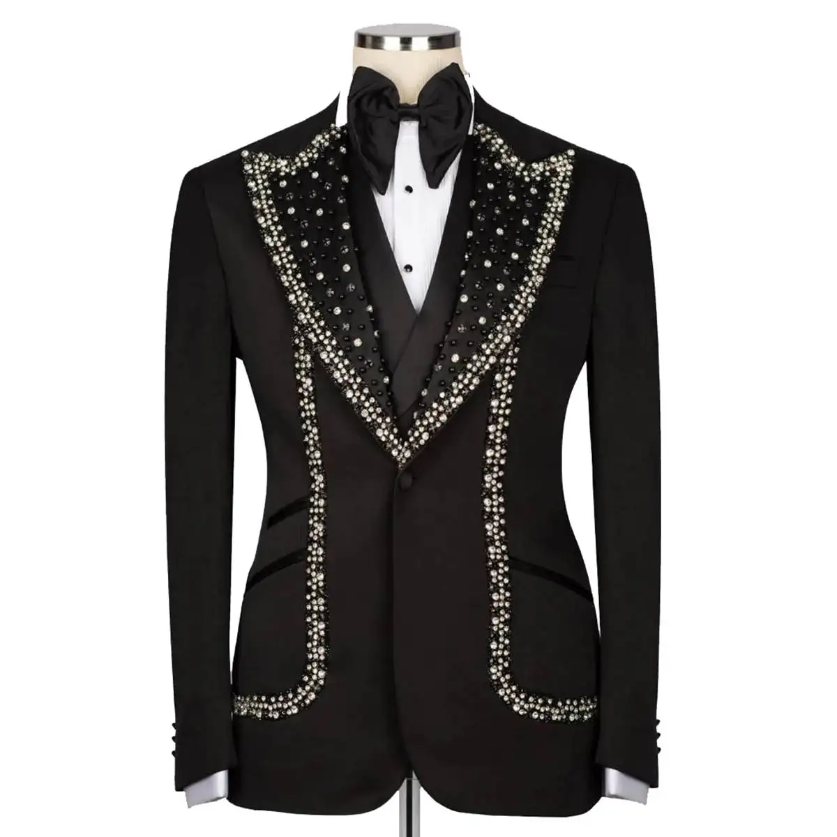 Luxury Men Wedding Suits Crystal Peaked Lapel Single Breasted Tuxedos Groom Business Party 2 Psc Blazer Pants Custom Made