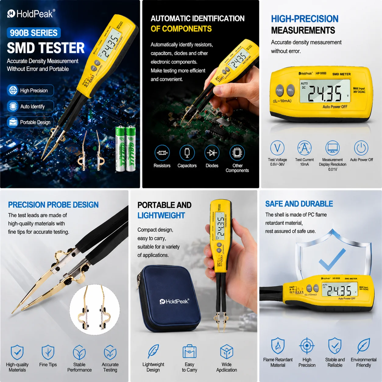 Handheld SMD Tester Auto-Identify Resistor Capacitor Diode Continuity Check DC 36V Meter Gold-Plated Pins for Electronic Repair