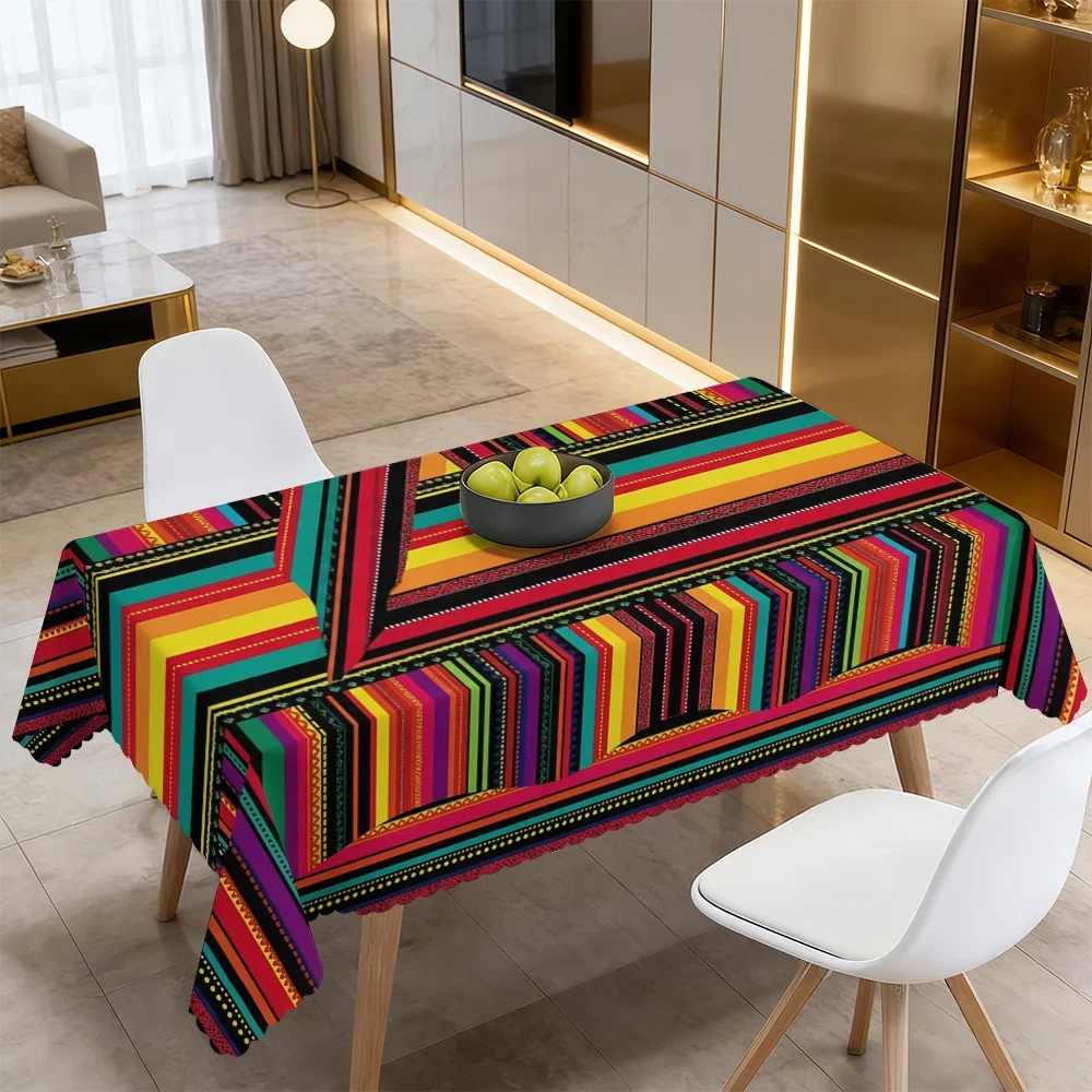 1 piece of Mexican-style rainbow-striped tablecloth, rectangular or square shape, made of polyester materialxzj