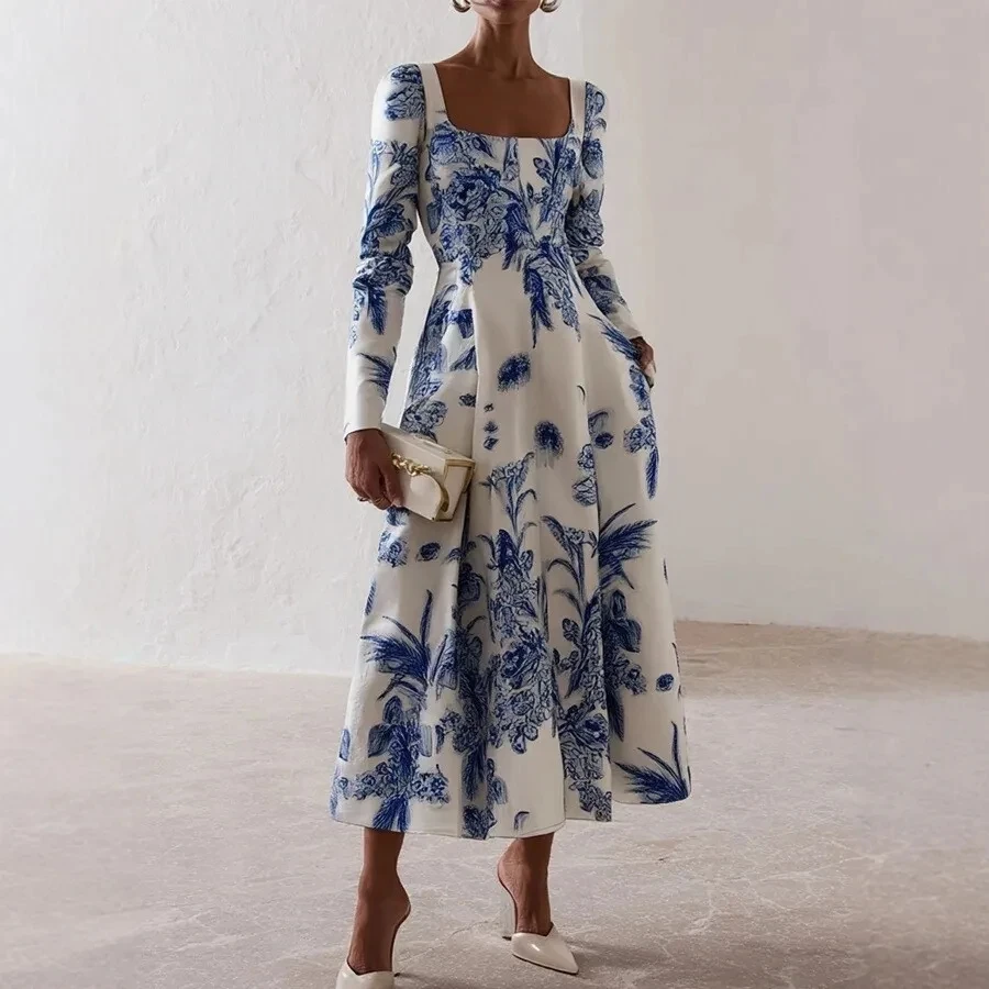 

2026 Autumn New Women V Neck Print Waist Cinched Ruffle Trim Long Dress Loose Temperament Versatile Vacation Style Dress