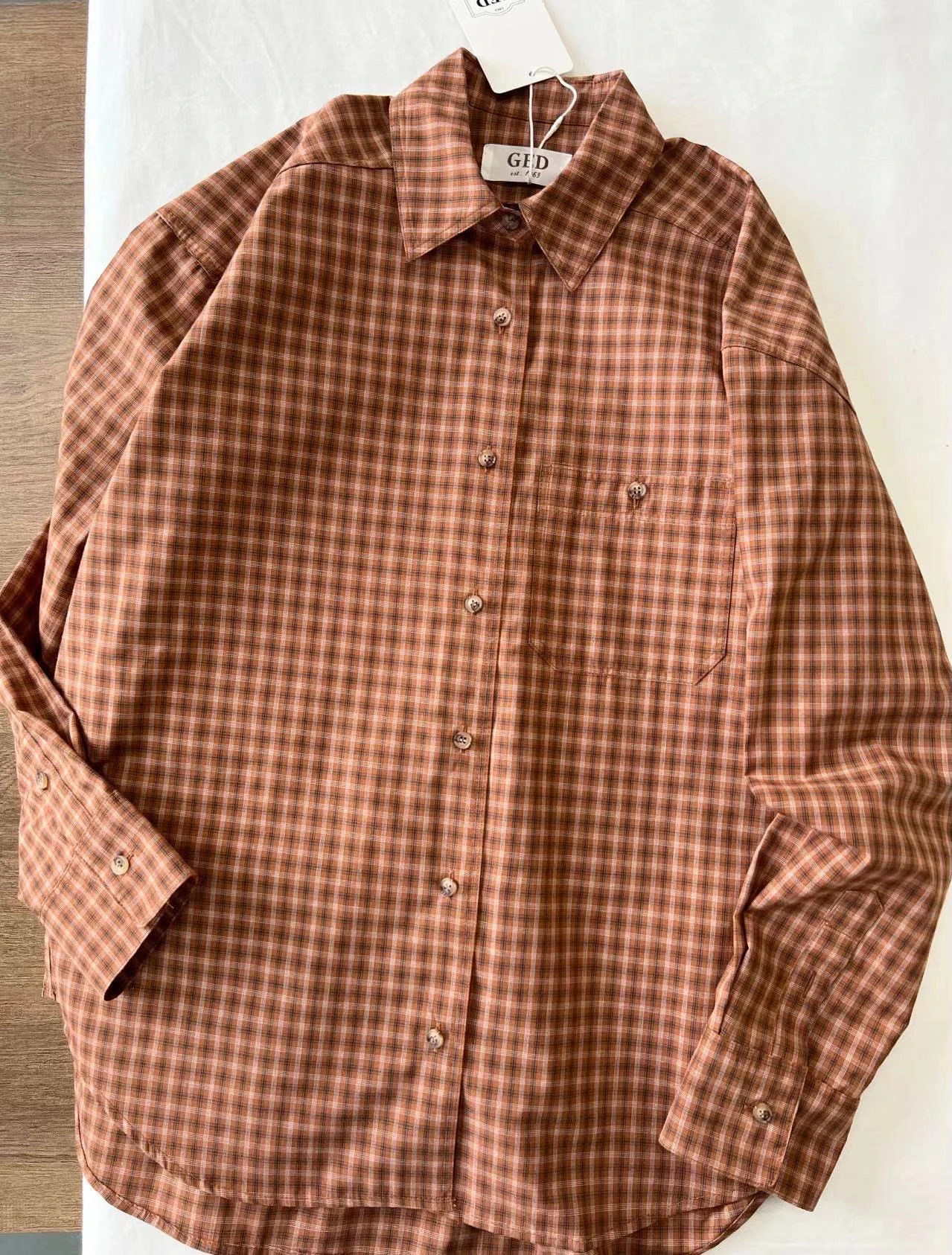 In Stock Preon Factory Homemade Autumn and Winter Brown Series Loose All-Match Commuter Plaid Long sleeve Shirts Ged Same Sle