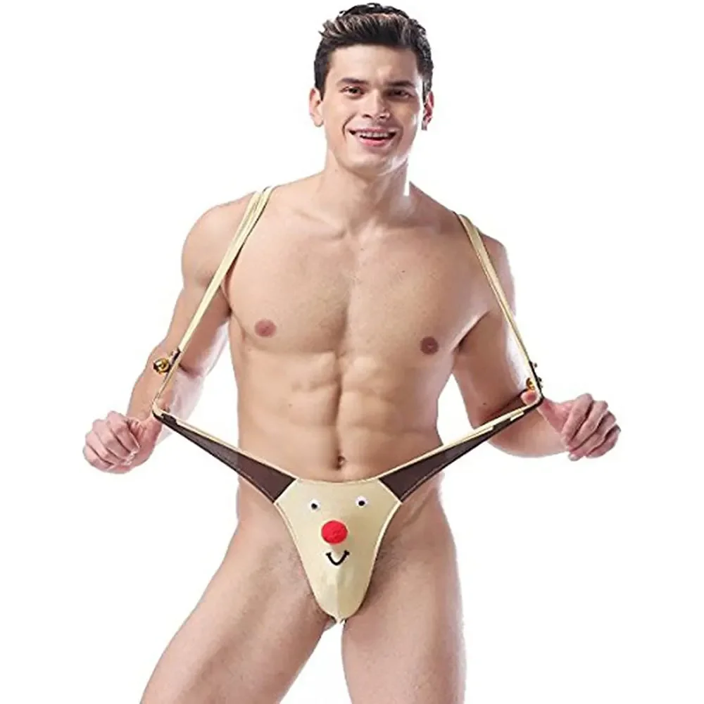 Men’s Christmas Gag Gift Reindeer Mankini Thong Swimsuit One Piece Swimwear Novelty Bodysuit Underwear with Bells Khaki One Size