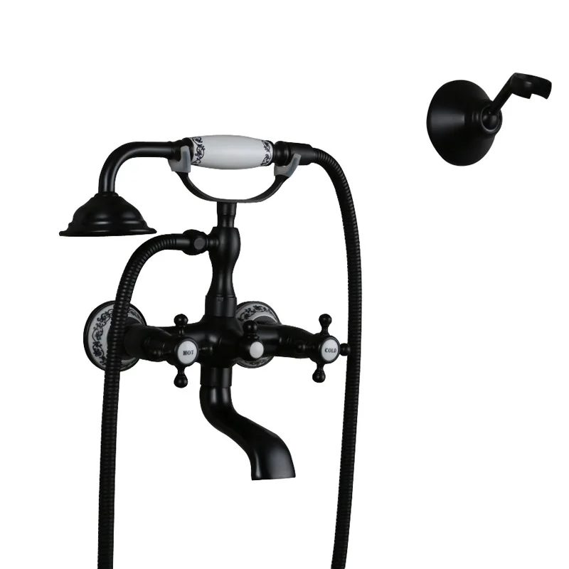 

Classic luxury black bronze shower faucet set, blue and white porcelain base, handheld shower.
