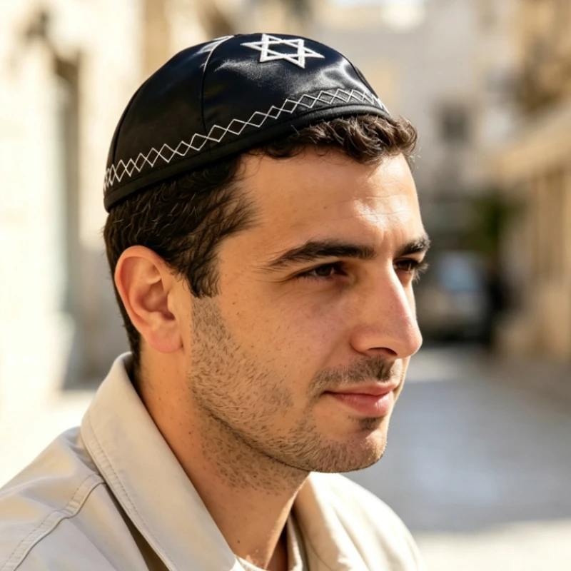 Black Satin Jewish Kippah with Star Embroidery White Wavy Edge Yarmulke Men Religiou Kippot Hat for Synagogue Prayer Judaica Cap