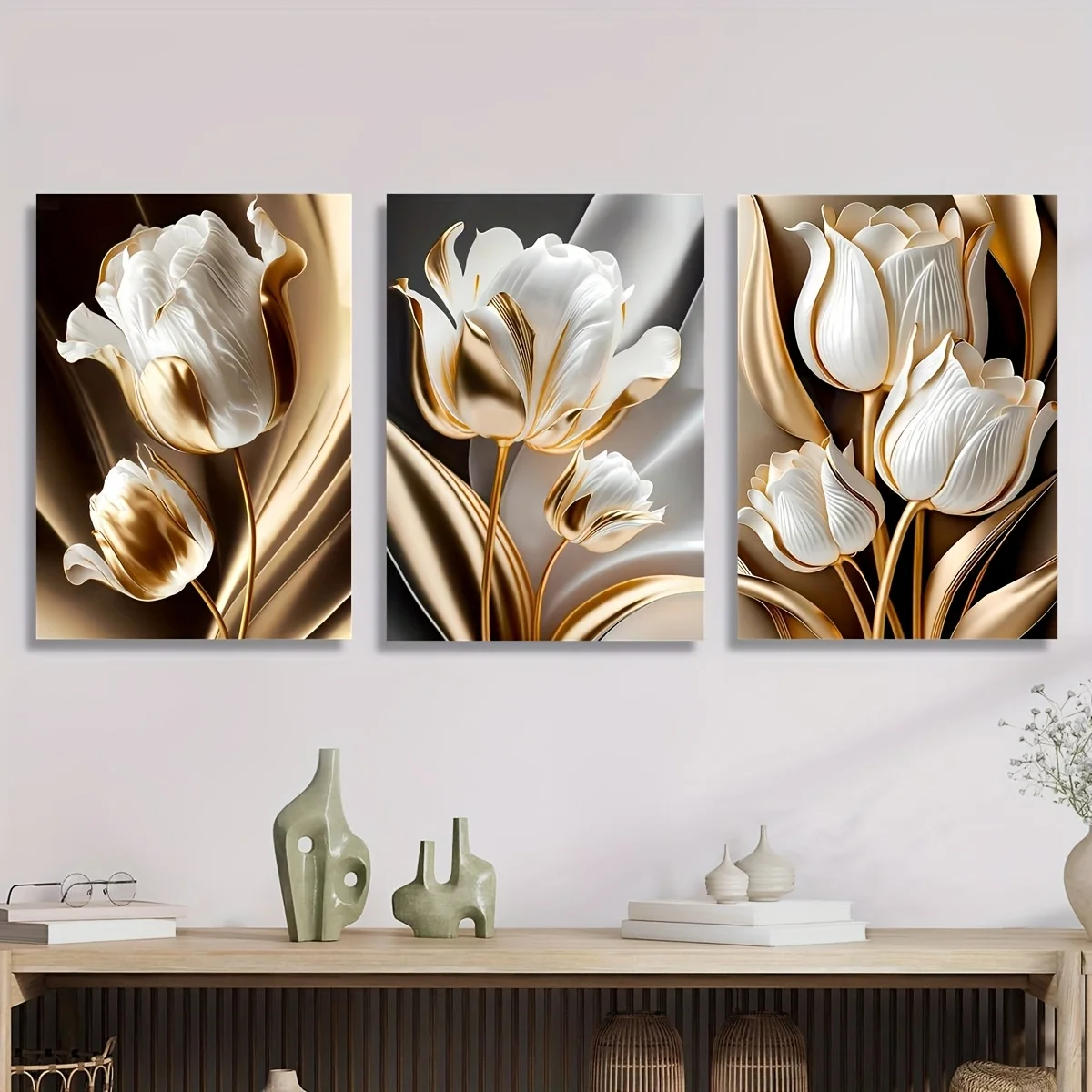 

3 Pieces Canvas Print Art Flowers Black and Gold Classic Luxury, White Flowers Gold Edge Tulips Suitable for Home Decor Poster