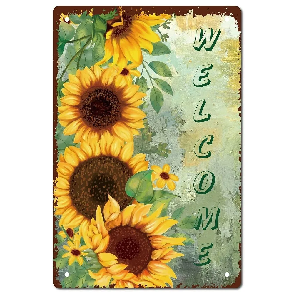 

1pc Tinplate Sign Poster Vertical for Home Wall Decoration Rectangle with Word Welcome Sunflower Pattern 300x200x2.2mm