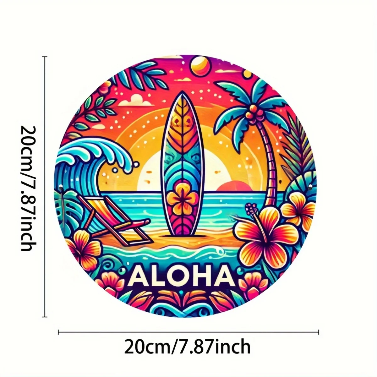 1 Retro Aloha Hawaiian Beach Vintage Round Aluminum Sign - Pack of 1, Tropical Surfboard & Palm Design Metal Plate - for Garage,