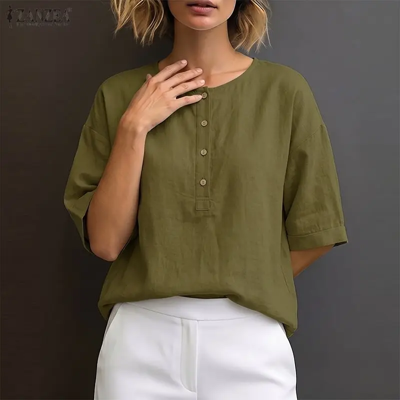Women Summer Solid Color Blouse 2026 ZANZEA Female Cotton Tops Elegant OL Work Shirt Casual O Neck Short Sleeve Buttons Bludas