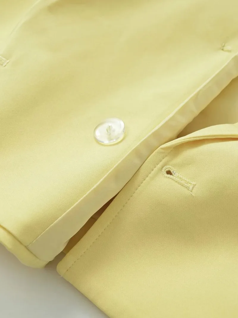 Moda outerwear feminino duplo breasted manteiga amarelo recortado blazer casaco manga longa chique gola de lapela superior