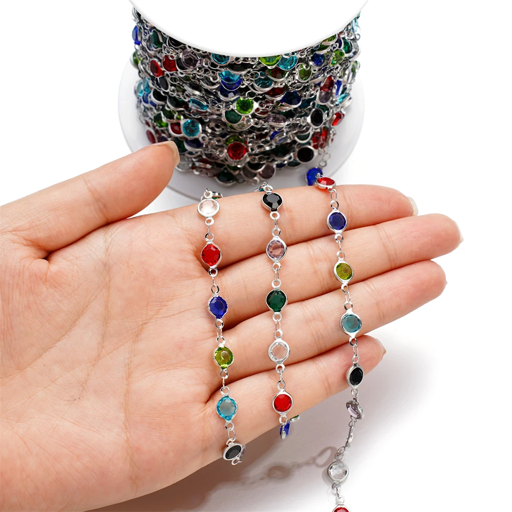1Meter Colorful Geometry Glass Crystal Stainless Steel Chains Bracelet Necklace Chain for DIY Anklet Findings Jewelry Making