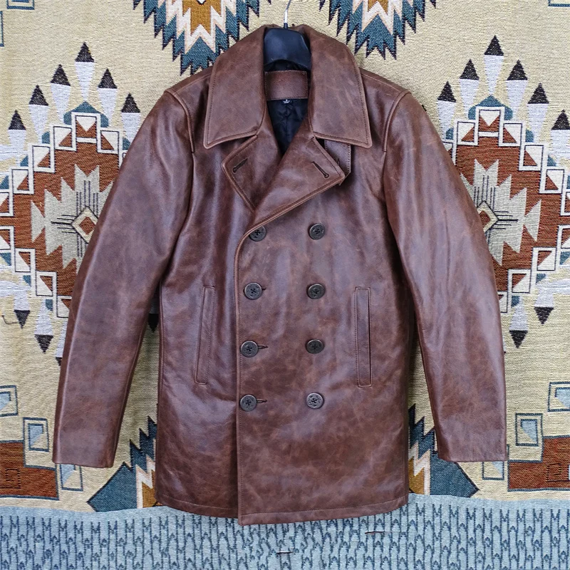 

Cotton imported hard batik cowhide 740 double-breasted trench coat super heavy leather leather jacket men's business long model