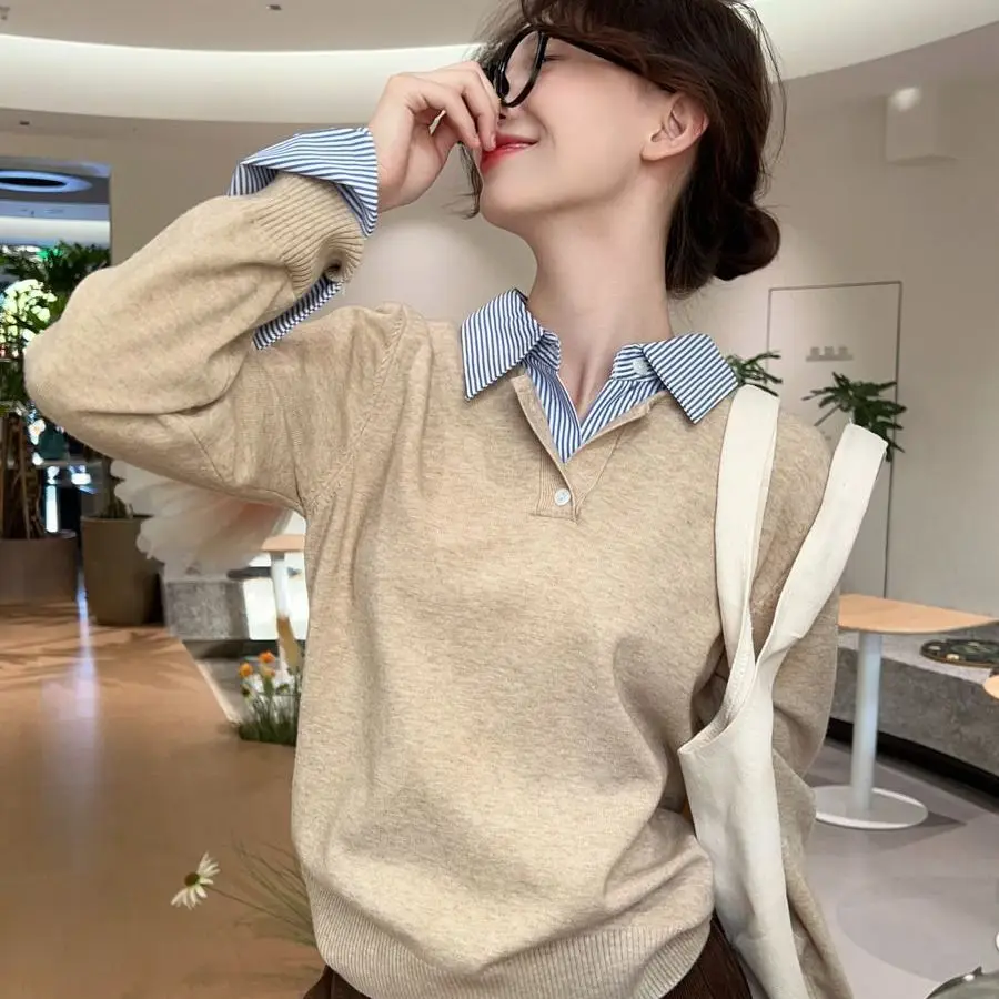 

Fake Two-Piece Sweater Women Polo Collar Inside 2024 New Autumn Hot Style Top Lapel Sweater