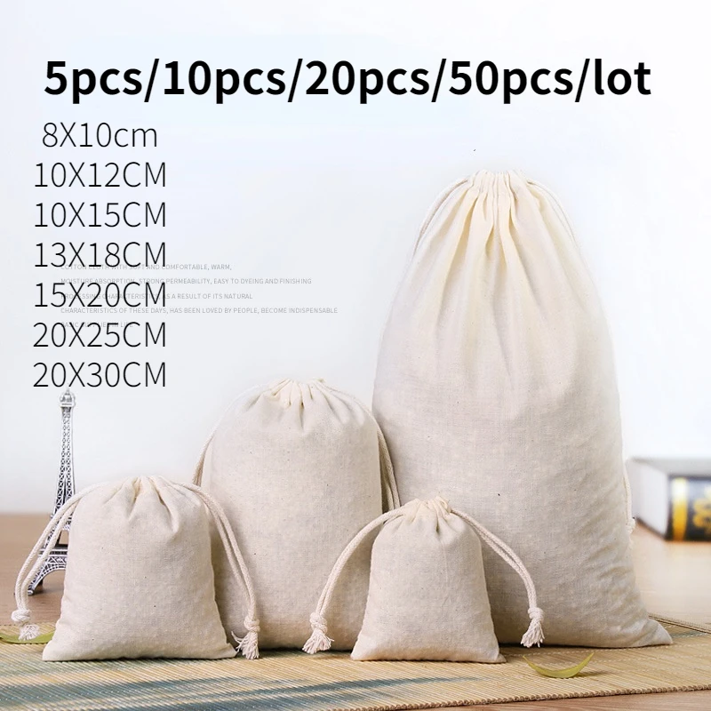 5, 10, 20, 50 Stück/Packung, Aufbewahrungsbeutel aus natürlicher Baumwolle mit Kordelzug, für Weihnachten, Hochzeit, Geschenk, DIY, schlichter Beutel, wiederverwendbar, für Zuhause, zum Organisieren,