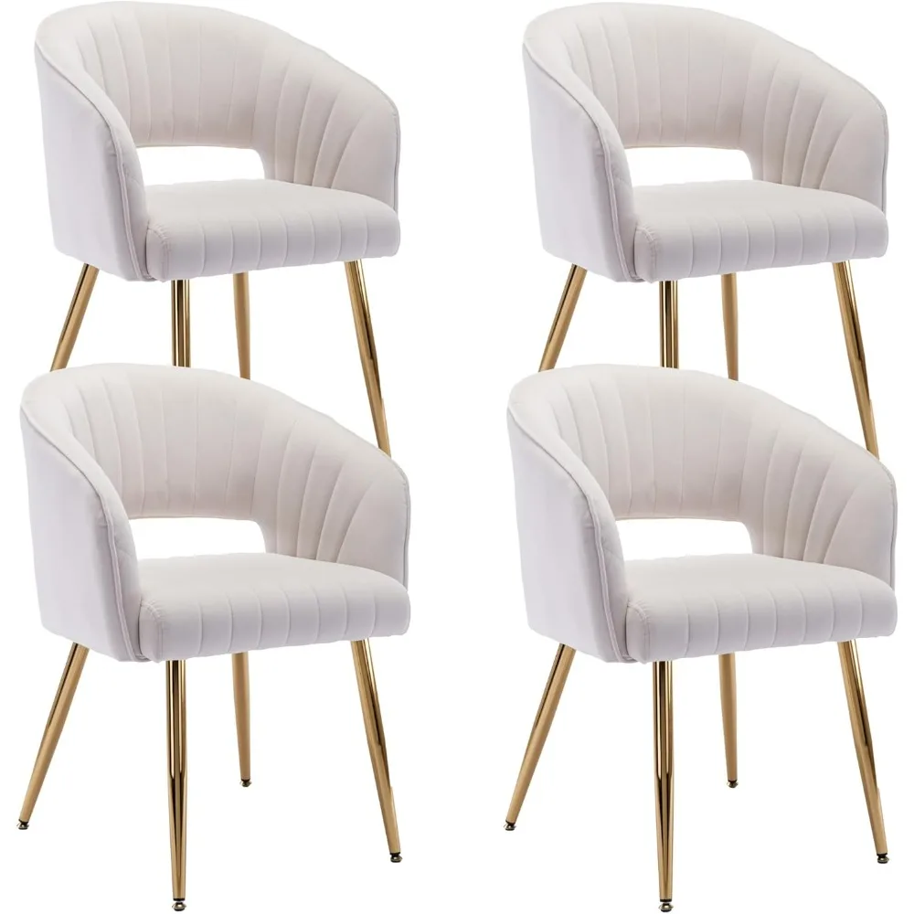 Modern Velvet Dining Chairs Set of 4, Cream, Hollow Back, Tufted Kitchen Chairs Side Chairs with Gold Metal Legs for Living Room