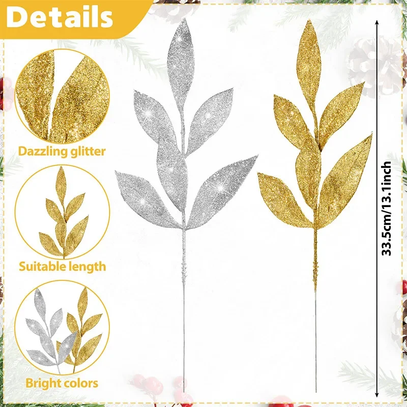 10-Pack Artificial Glitter Leaves Wedding Party Flower Arrangement Mock Gold Leaf Christmas Tree Decoration Cuttings Wreath Orna