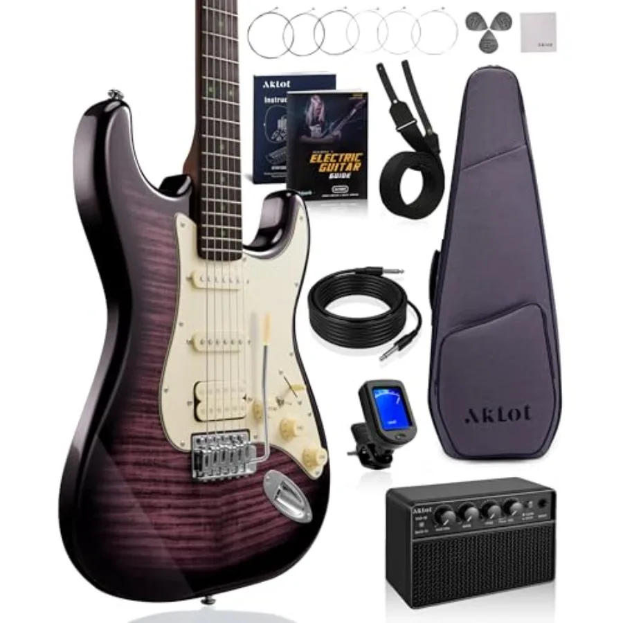 Beginner Electric Guitar Kit for practice and learning: roasted maple neck, Stryde Violet Venom color, 10W amp with coil-split