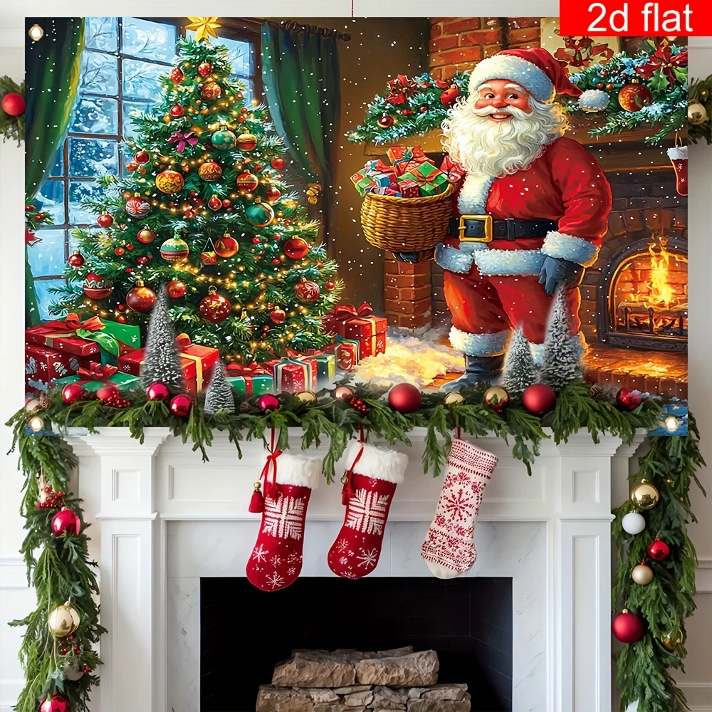 1 لافتة خلفية للتصوير الفوتوغرافي لعيد الميلاد المجيد - تصميم سانتا كلوز وشجرة عيد الميلاد، مع 4 فتحات لسهولة التعليق #2