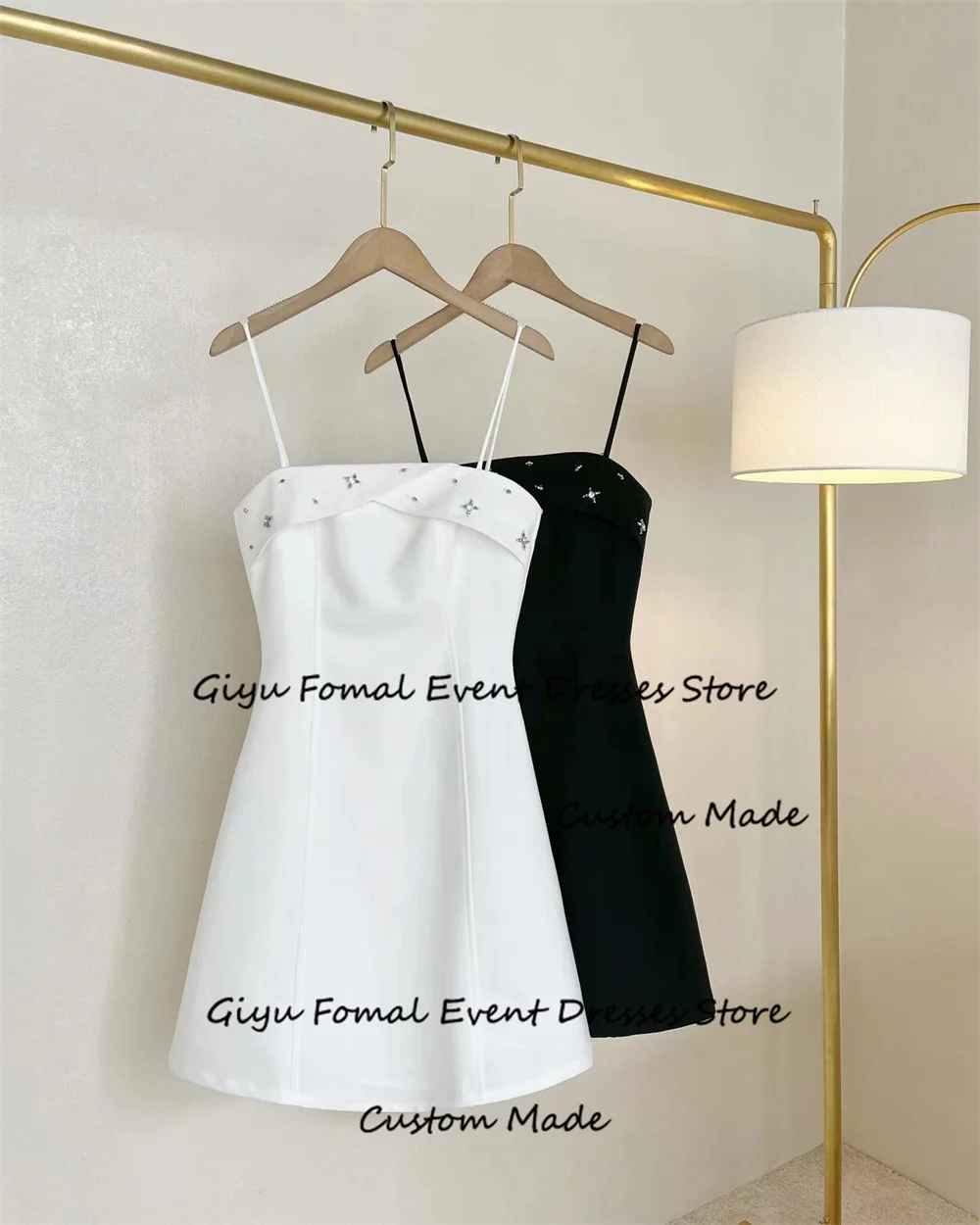 Giyu A-line Beaded Prom Dress Spaghetti Strap Mini-length Above The Knee Wedding Party Dress Summer Dress Cocktail Dress