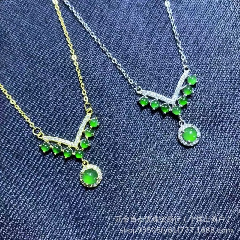 Myanmar Natural A- Level Jade Genuine Goods Dangerous Material S925 Sterling Silver Inlaid Green Necklace Chain