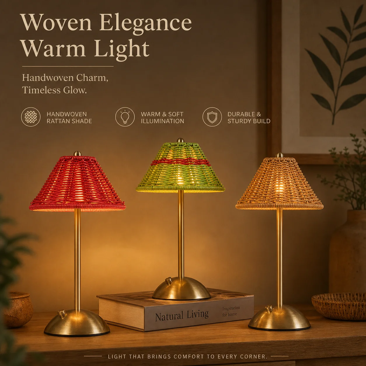 WWPPU WWPPU Retro Chinese‑Style Rattan Woven LED Table Lamp, Home Decor Desktop Ambient Night Light
