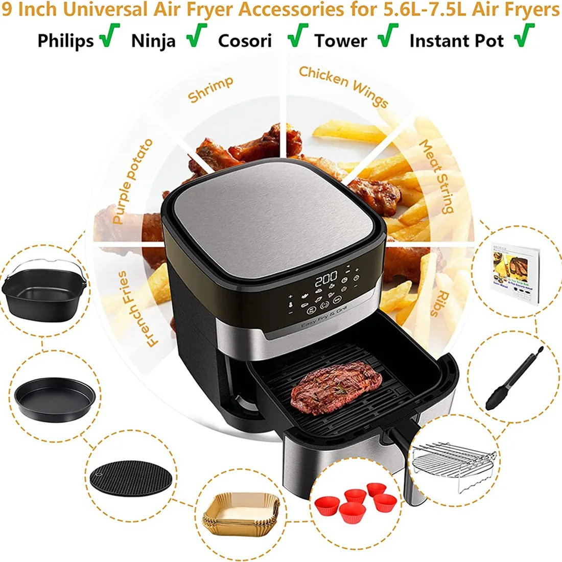 Square Air Fryer Accessories 9 Inch, for Cosori Ninja Phillips Tower Pot Tefal Etc 5.6-7.5L Deep Basket Airfryer images - 6