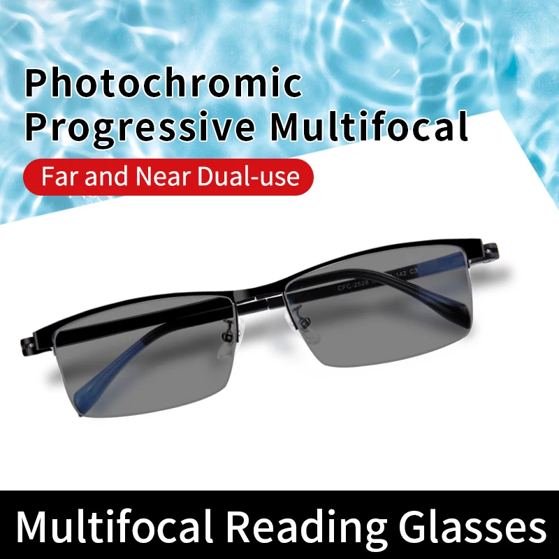 

Photochromic Progressive Multifocal Reading Glasses for Men, Half Metal Lightweight Frame, Presbyopia Eyeglasses