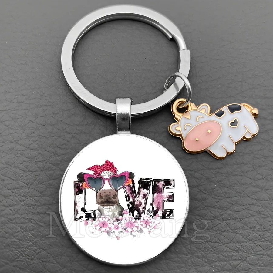 Creative Colorful Cow Keychain Personality cartoon cow glass dome key chain I love cows