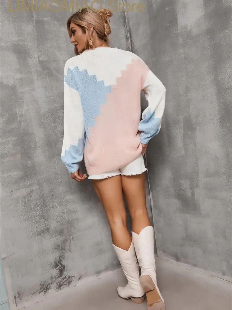 New Fashion Women Sweaters Autumn Winter Stitching O-neck Knit Pullover Long Sleeve Sweater Tops Womens Clothing Knitwears