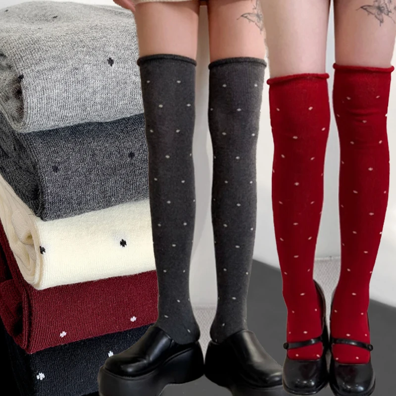 Fashion Autumn Winter Over Knee Socks Wave Polka Dot Keep Warm Calf Stockings Retro Streetwear Y2K Thigh High Pile Up Long Socks