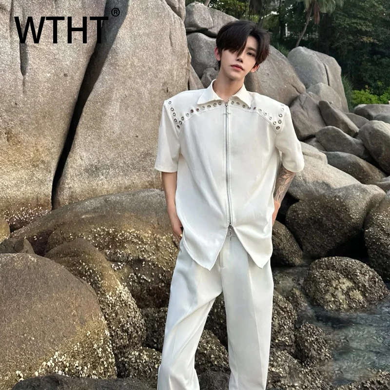 

WTHT Trendy Men's Spliced Metal Shoulder Pads Design Shirts Fashion 2025 Summer Double Zipper Short Sleeves Tops Male 2A1404