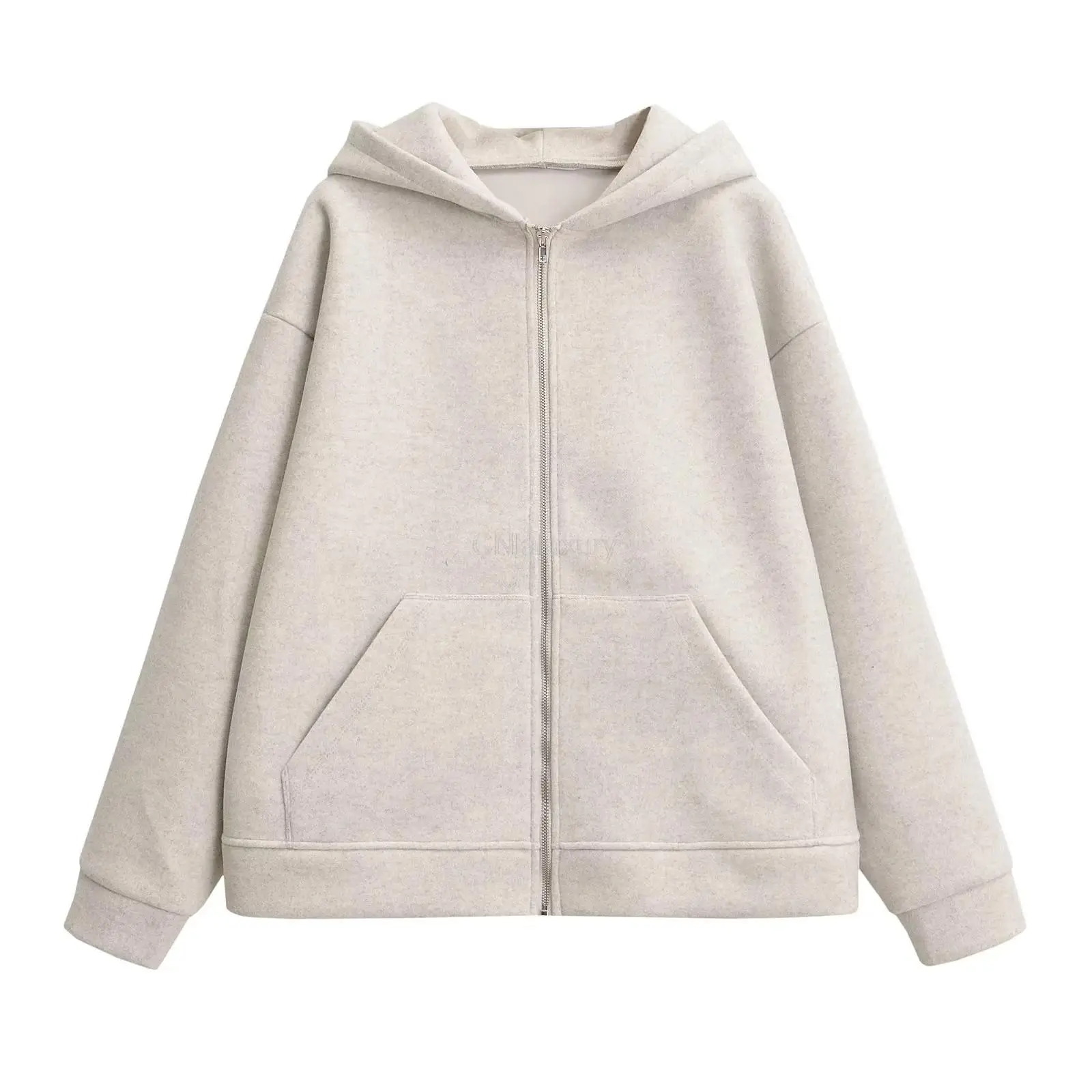 CNlalaxury 2024 Autumn New Women Fashion Pockets Zipper Hooded Jackets Coat Solid Casual Simple Commute Overcoat Female Tops