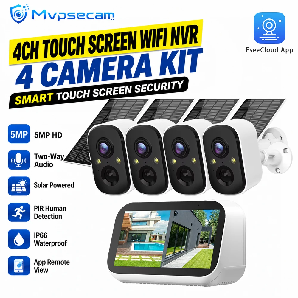 Sistema di telecamere di sicurezza NVR con schermo touchscreen e connessione WiFi, 4 canali, 5MP, alimentato a energia solare, kit CCTV wireless per esterni con 4 telecamere, rilevamento umano tramite